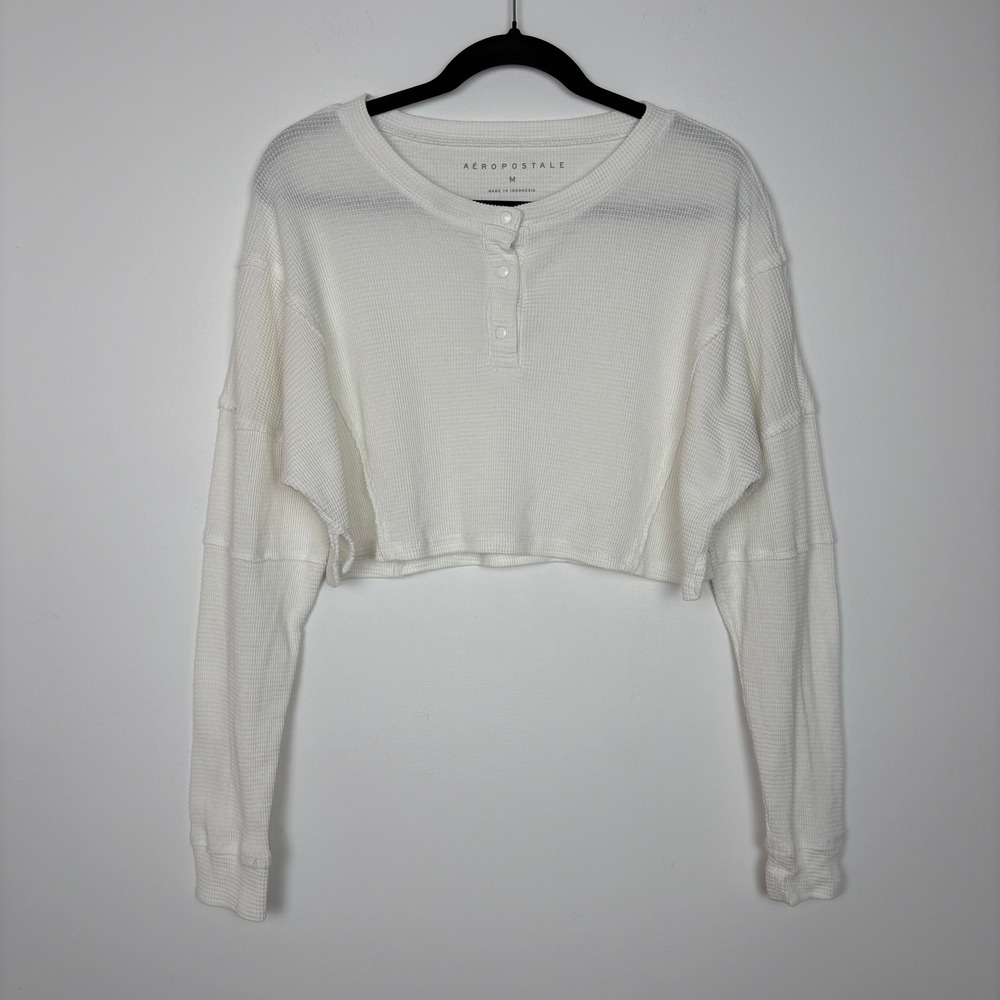 Aeropostale Women Cropped Waffle Knit Henley Shirt Size M White Long Sleeve Boxy